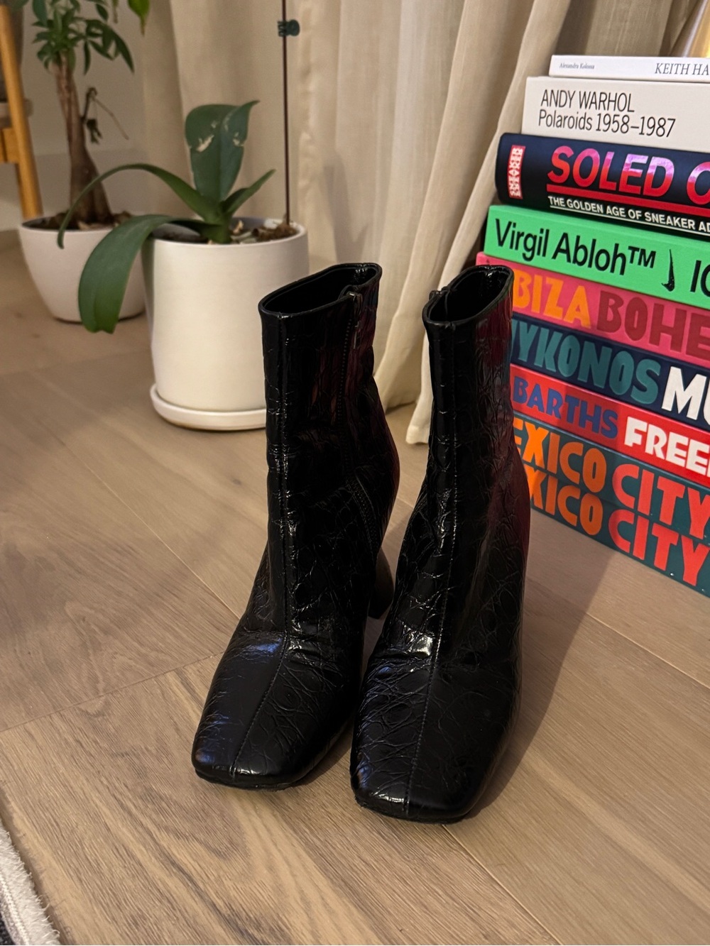 Dries Van Noten Black Croc-Embossed Square-Toe Ankle Boots